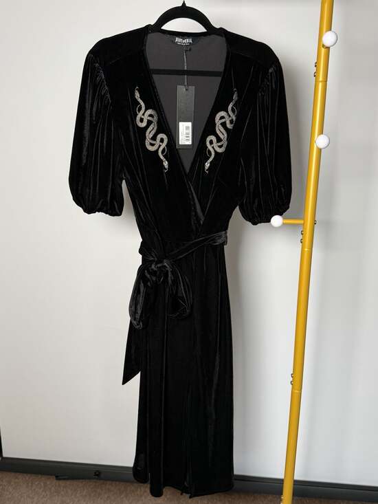 Disturbia Dresses & Skirts - Disturbia Zarina Embroidered Velvet Midi Wrap Dress with Snake Detail